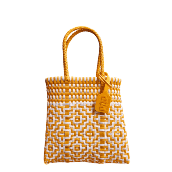 Sac cabas géométrique jaune et blanc à deux anses.