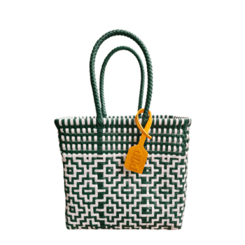 Green and white woven tote bag with two braided handles and a yellow tag attached