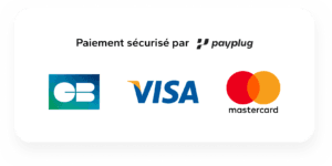 Paiement sécurisé par Payplug avec les logos Visa et Mastercard affichés sur fond blanc