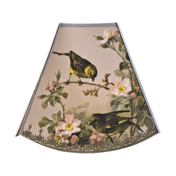 Decorative lampshade showing two yellow-breasted birds perched on flowering branches with pink blossoms and a patterned border.